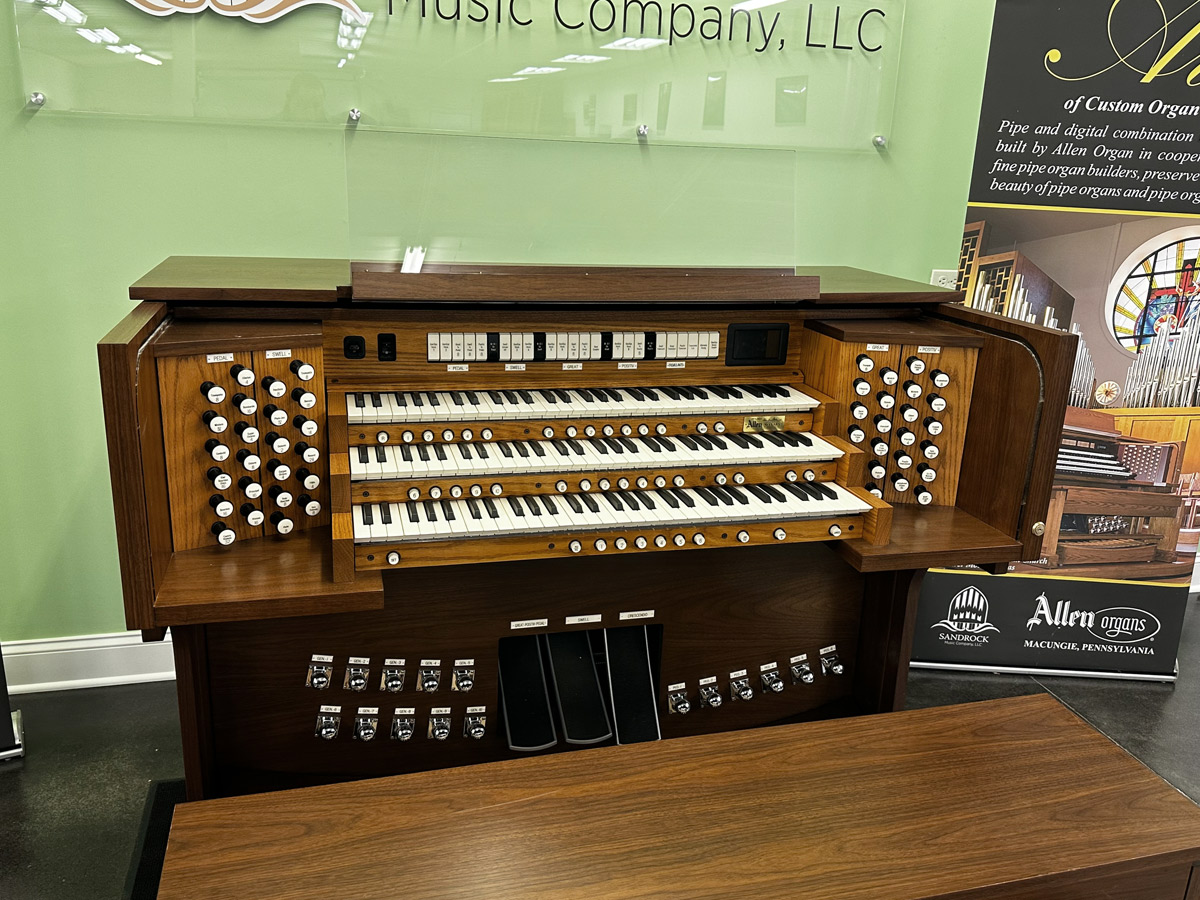 Allen GX-335e 50th Anniversary Edition – This organ includes 50 Stops with GENISYS™ Voices, Allen’s mechanical moving drawknobs, Illuminated clear acrylic music rack and pedal light, Two-tone console finish, Anniversary plaque, GENISYS™ Display, Allen’s new APEX Tone Generation Technology, Three-Manuals with Allen premium keyboards and velocity keying, Adjustable crank bench and custom audio.  Contact Sandrock Music Company for more information and pricing.
